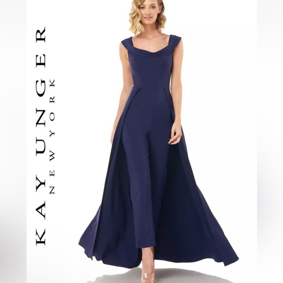 Kay Unger Alara Long Formal Walk Through Jumpsuit Gown in Navy Blue  sz 6  $338 - Picture 1 of 11